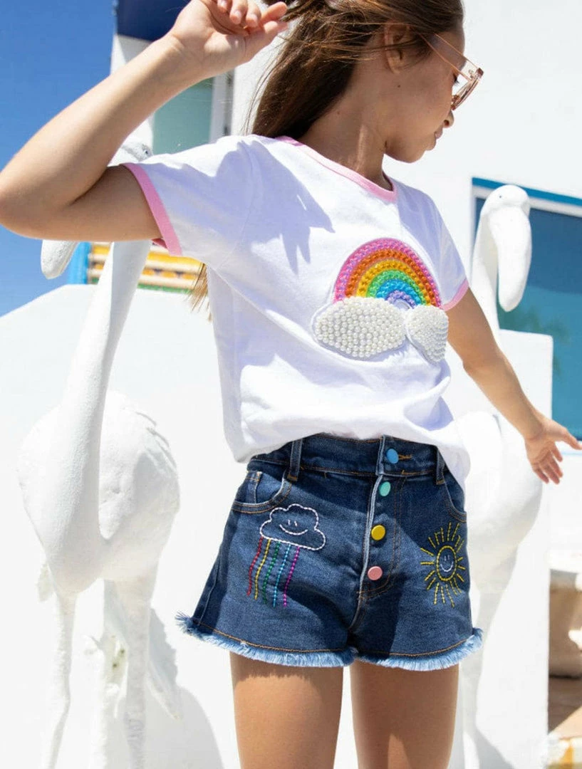 Lola + The Boys Girls Embroidered Rainbow Denim Shorts