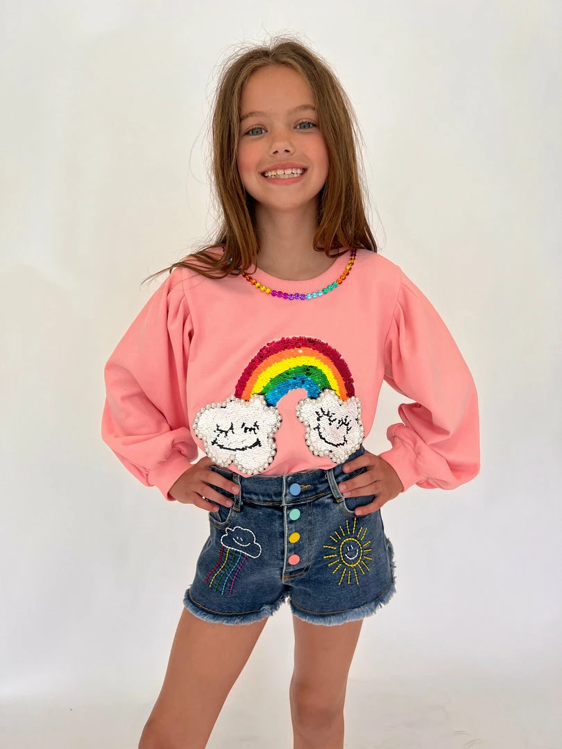Lola + The Boys Girls Embroidered Rainbow Denim Shorts