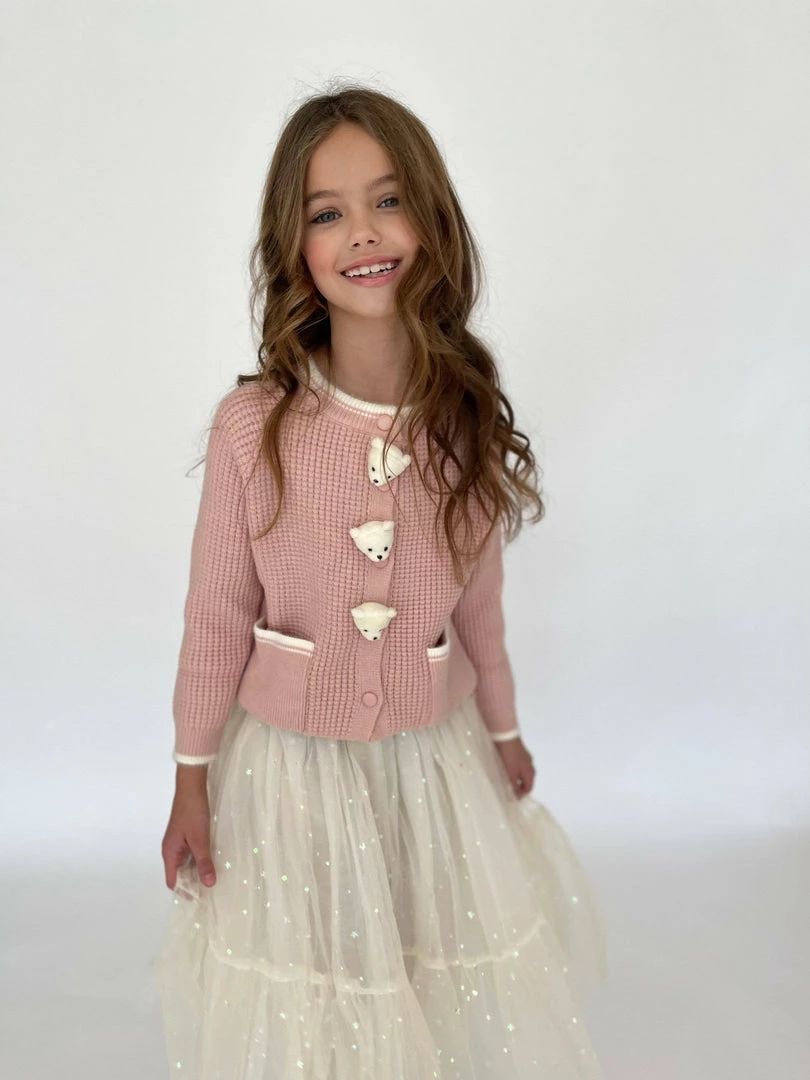 Lola + The Boys New Arrivals Pink Bear Knit Cardigan