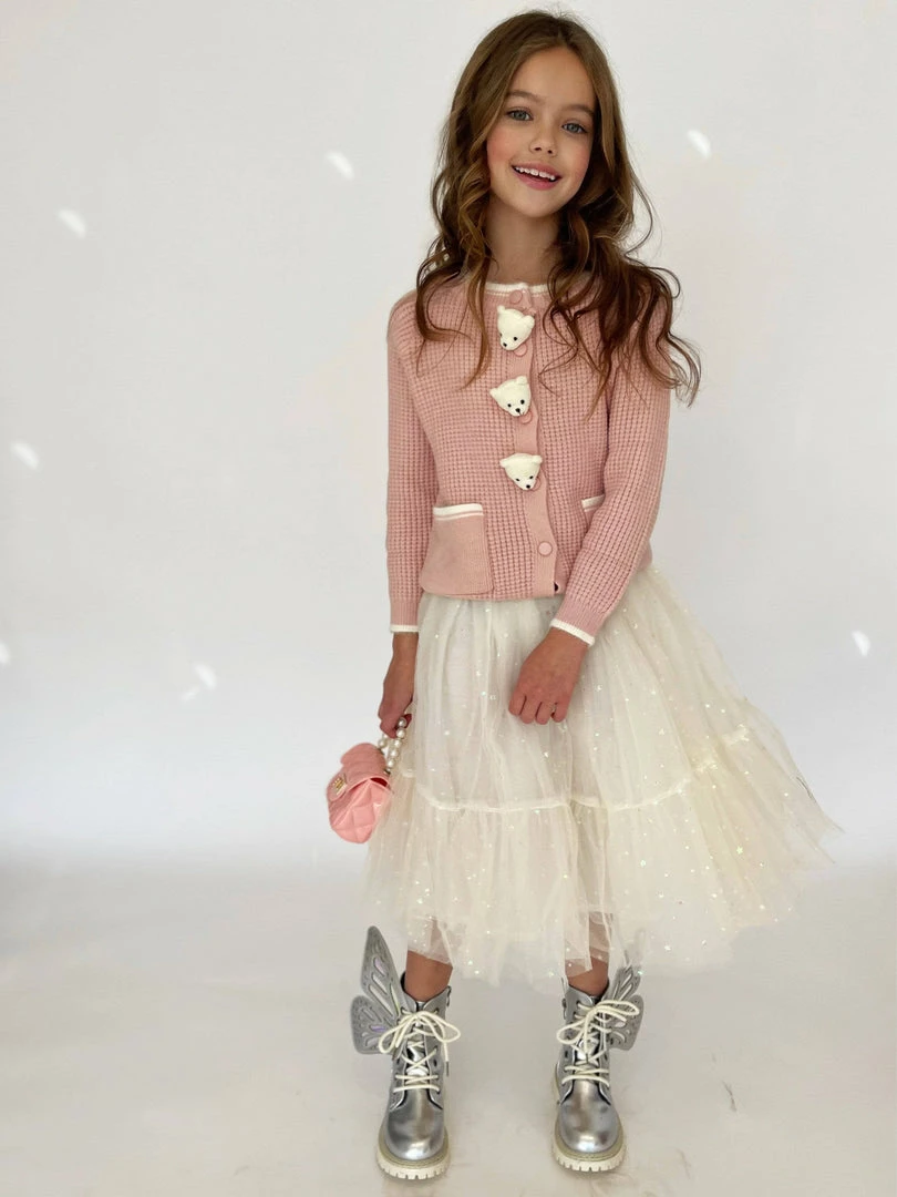 Lola + The Boys New Arrivals Pink Bear Knit Cardigan