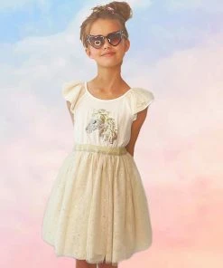 Lola + The Boys Girls Gold And White Unicorn Ruffle Sleeve Dress
