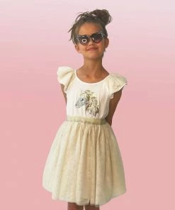 Lola + The Boys Girls Gold And White Unicorn Ruffle Sleeve Dress