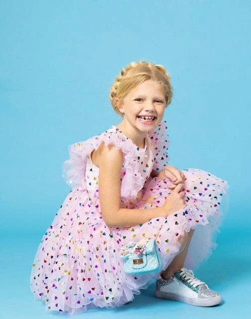 Lola + The Boys Foil Rainbow Hearts Tulle Dress