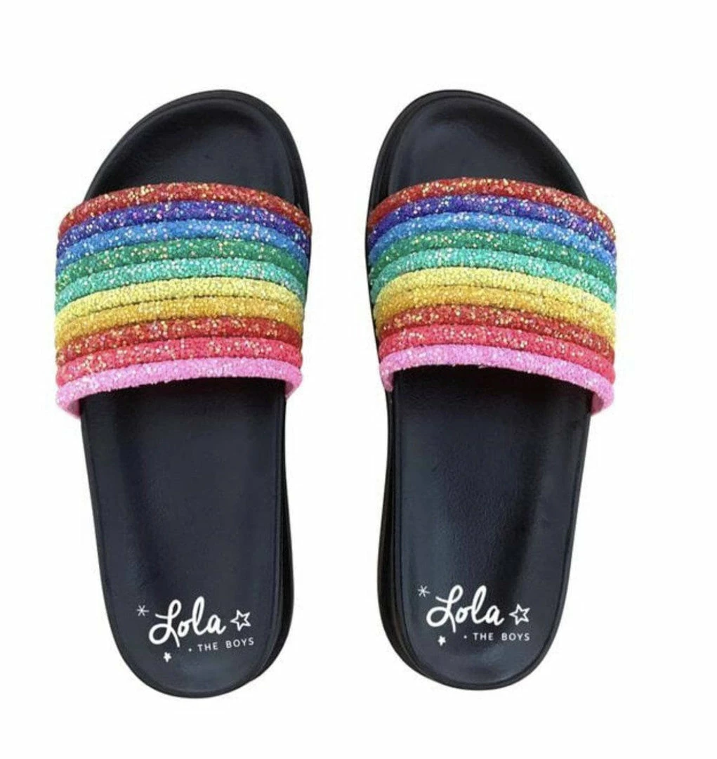 Lola & The Boys Black Glitter Rainbow Slides