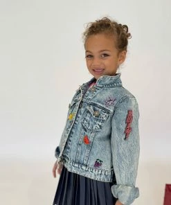 Lola + The Boys Beaded Crystal Fruit Crop Denim Jacket