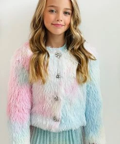 Lola + The Boys Funfetti Rainbow Faux Fur Coat Girls