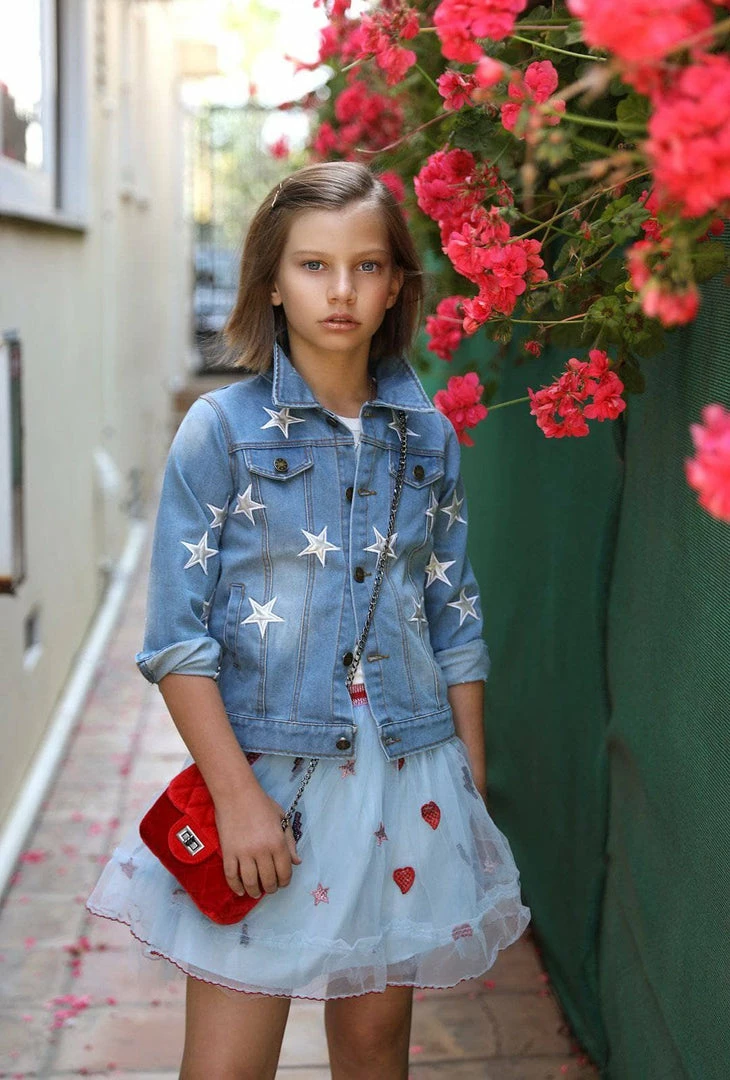 Lola + The Boys Star Leather Patched Denim Jacket