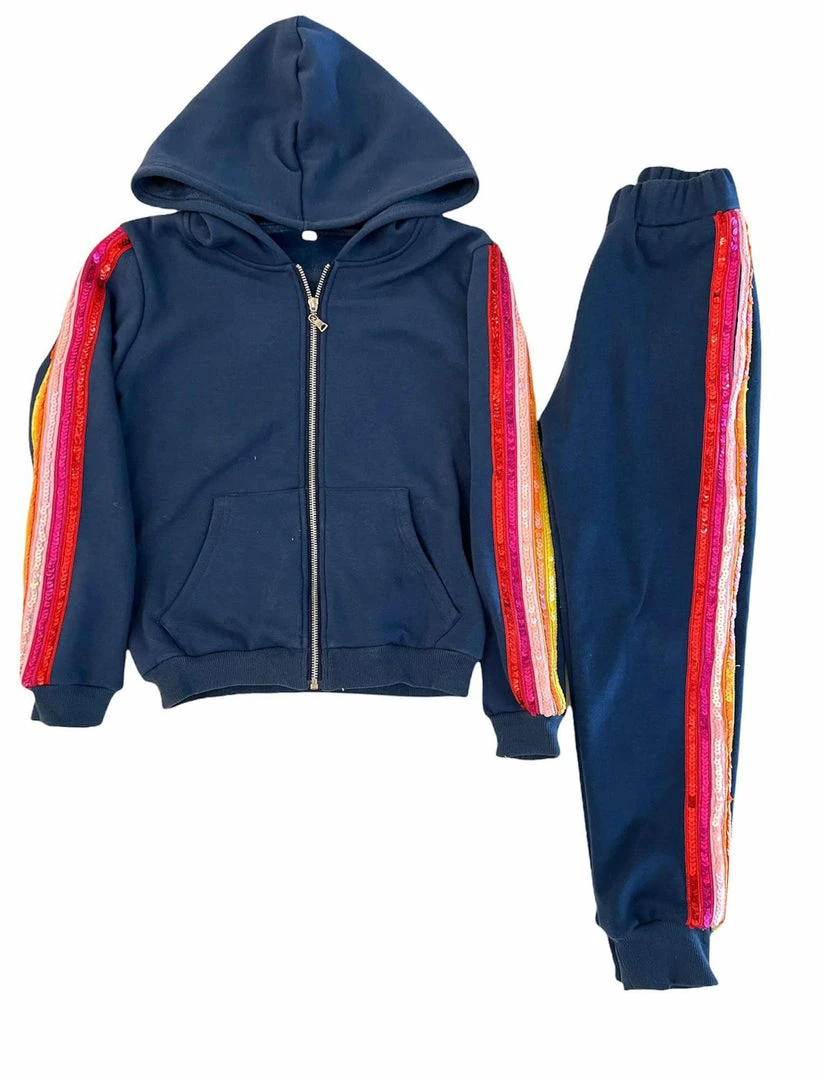 Lola + The Boys Girls Rainbow Sequin Navy Joggers Hoodie Set