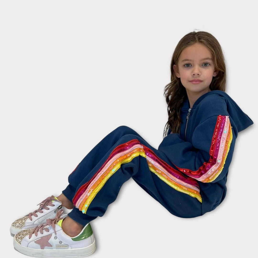 Lola + The Boys Girls Rainbow Sequin Navy Joggers Hoodie Set