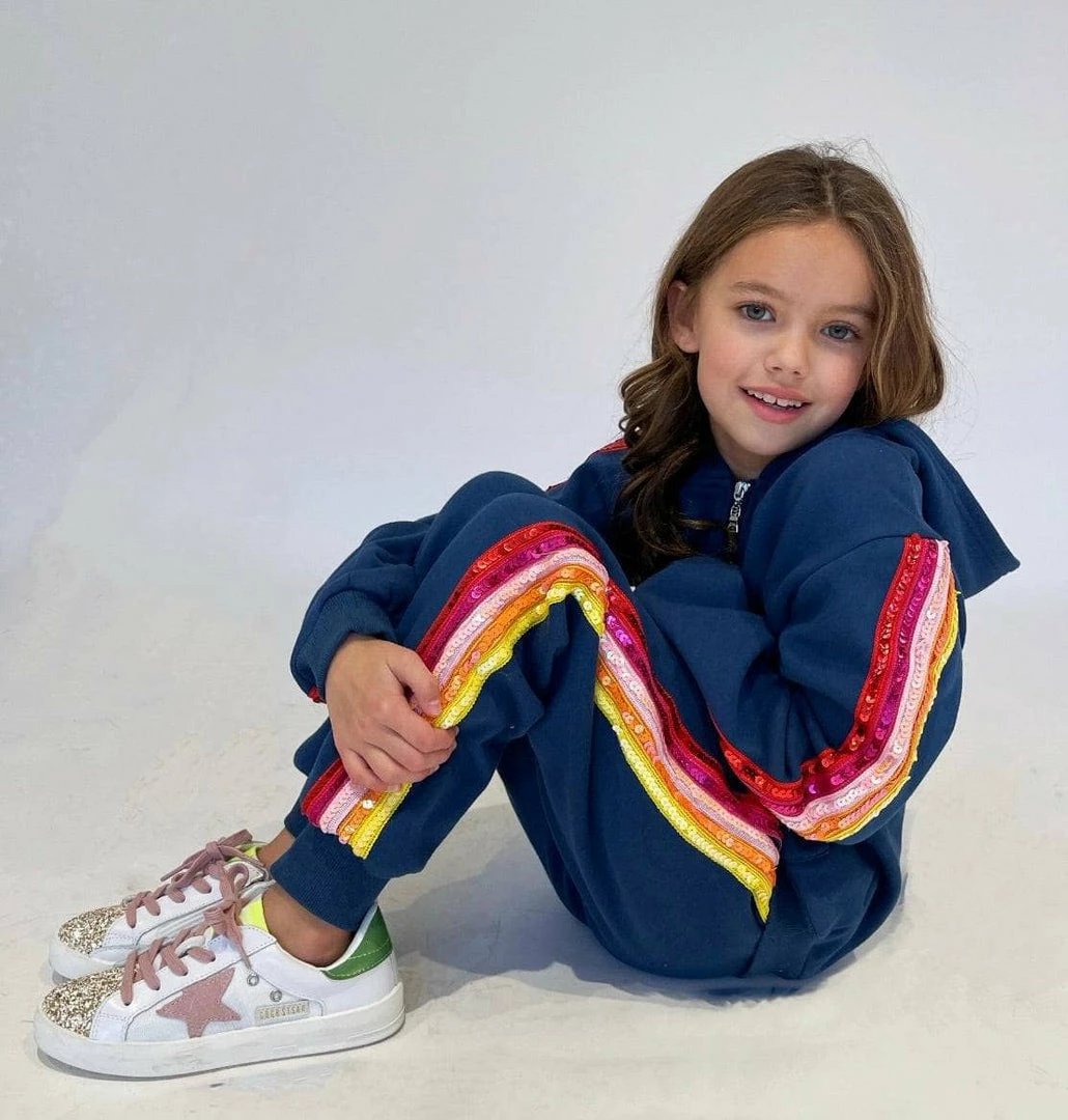 Lola + The Boys Girls Rainbow Sequin Navy Joggers Hoodie Set