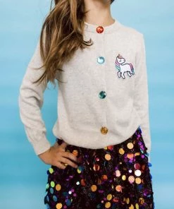 Lola + The Boys Girls Grey Rainbow Gem Unicorn Cardigan