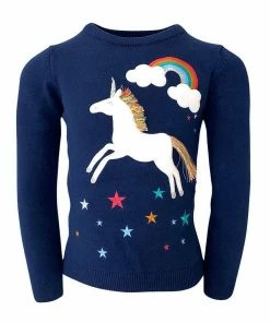 Lola + The Boys Girls Navy Unicorn Rainbow Sweater