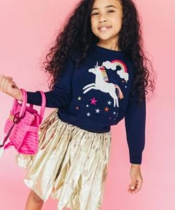 Lola + The Boys Girls Navy Unicorn Rainbow Sweater